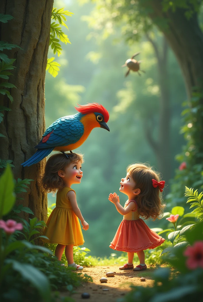 Woodpecker and girl with her friend