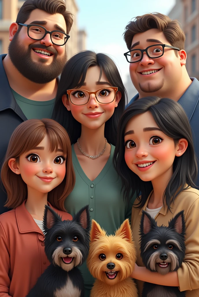 A chubby man with a beard and medium length hair and black glasses, a chubby woman with braces on her teeth , golden glasses with shoulder length hair.
A chubby girl with long hair and a mole near her mouth, ther thin girl with hair below her shoulders and anor small girl with Chanel hair with bangs and a hot Yorkshire dog with black and gray fur and anotheorkshire dog with yellow fur