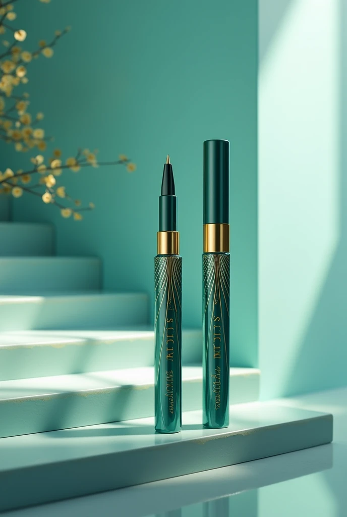 create black makeup eyeliner, for a brand called Walancy, with aqua green and gold packaging
