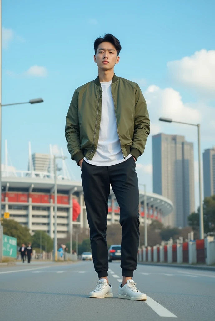 Pria korea tampan,fair skin,well-groomed face posing sitting, dipinggiran kota,olive green bomber jacket, White shirt, celana cropped , sneakers , posing in front of a football stadium, under a clear and blue sky, the urban background is crowded, the original photo is realistic