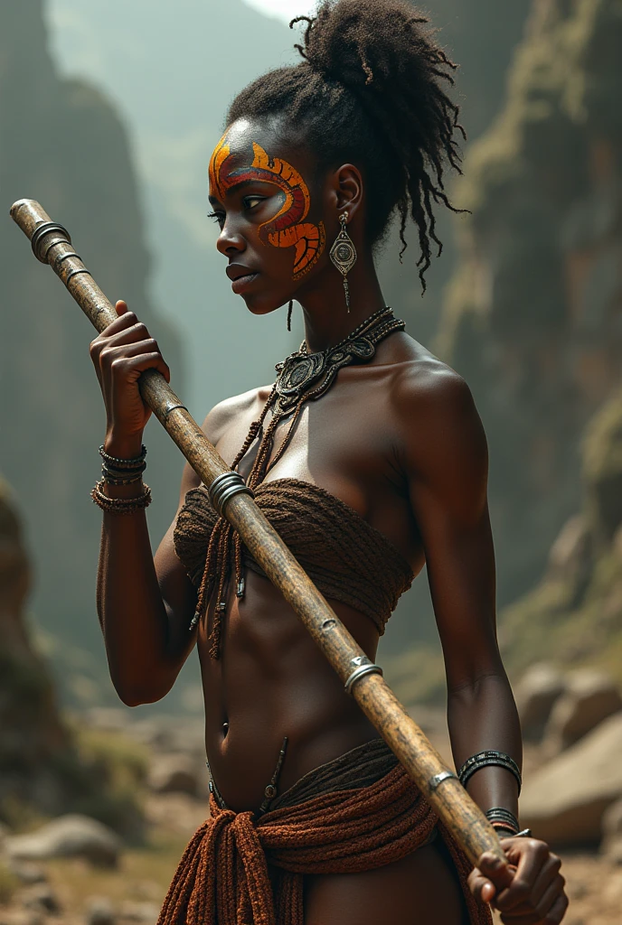 young african woman, ancient african tribal warrior, full body, very dark black skin, wielding a machete, combat stance, facepaint, bodypaint, sexi, small breasts, highly detailed, vibrant appearance, creative behavior, extremly detailed, imaginative, sensual, spontaneous, highest quality, skin texture, intricate details, (cinematic lighting), RAW photo, 8k, masterpiece,best quality,ultra-detailed,very detailed illustrations,extremely detailed,intricate details,highres,super complex details,extremely detailed 8k cg wallpaper,