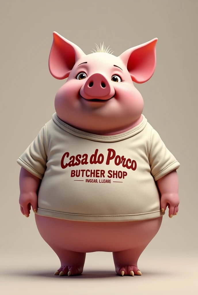 Pig with shirt with the name Casa do Porco butcher shop printed on it