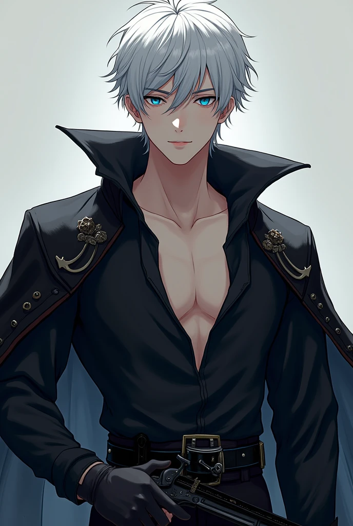 (short white hair anime handsome boy with emotionless dark blue sharp eyes, white hair toned, with katana wearing open wide collar black shirt with a pirate cape in the shoulders with black steel 18th century flintlock pistol on belt and serious cold expression