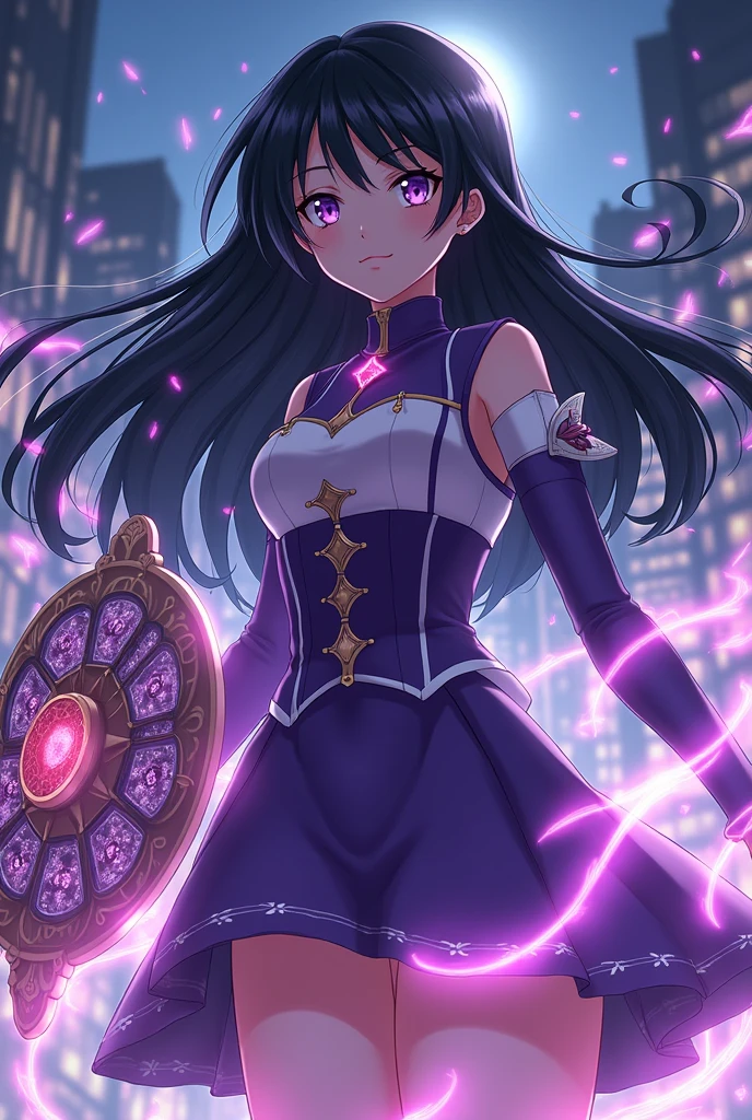 1girl, solo, super fine illustration, an extremely delicate and beautiful, best quality, masterpiece, 8K, Homura Akemi, Puella Magi Madoka Magica, long black hair, purple eyes, cool beauty, stoic expression with subtle smile, magical girl outfit, purple and white color scheme, diamond-shaped soul gem, shield with gears, time manipulation theme, school uniform, flowing hair, dynamic pose, intense gaze, urban nightscape background, magical effects, floating clockwork, intricate details, photorealistic style, high contrast lighting, cinematic composition, official art style, flawless AI-assisted artwork, world-class quality