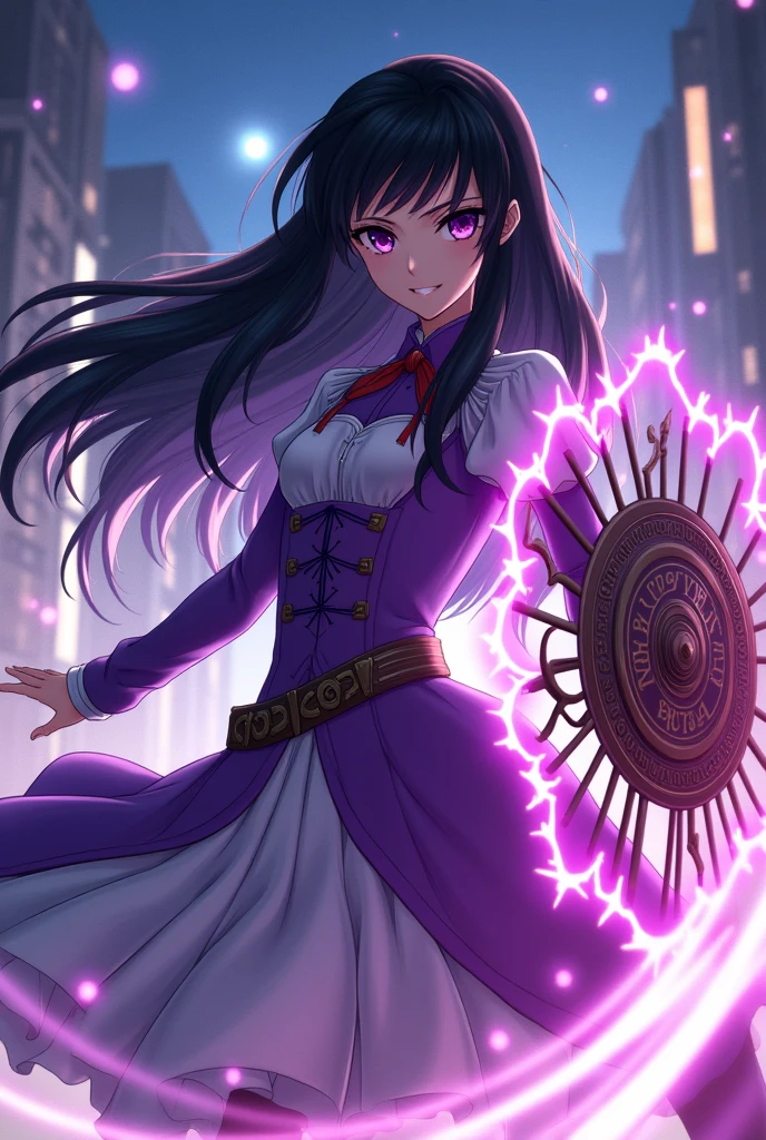 1girl, solo, super fine illustration, an extremely delicate and beautiful, best quality, masterpiece, 8K, Homura Akemi, Puella Magi Madoka Magica, long black hair, purple eyes, cool beauty, stoic expression with subtle smile, magical girl outfit, purple and white color scheme, diamond-shaped soul gem, shield with gears, time manipulation theme, school uniform, flowing hair, dynamic pose, intense gaze, urban nightscape background, magical effects, floating clockwork, intricate details, photorealistic style, high contrast lighting, cinematic composition, official art style, flawless AI-assisted artwork, world-class quality