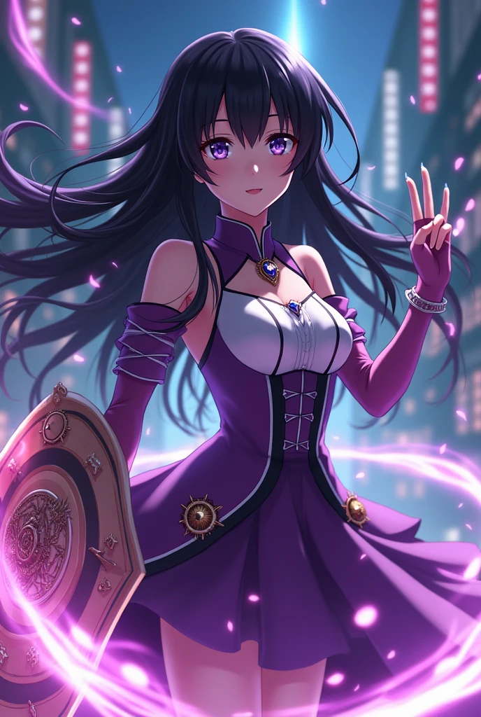 1girl, solo, super fine illustration, an extremely delicate and beautiful, best quality, masterpiece, 8K, Homura Akemi, Puella Magi Madoka Magica, long black hair, purple eyes, cool beauty, stoic expression with subtle smile, magical girl outfit, purple and white color scheme, diamond-shaped soul gem, shield with gears, time manipulation theme, school uniform, flowing hair, dynamic pose, intense gaze, urban nightscape background, magical effects, floating clockwork, intricate details, photorealistic style, high contrast lighting, cinematic composition, official art style, flawless AI-assisted artwork, world-class quality