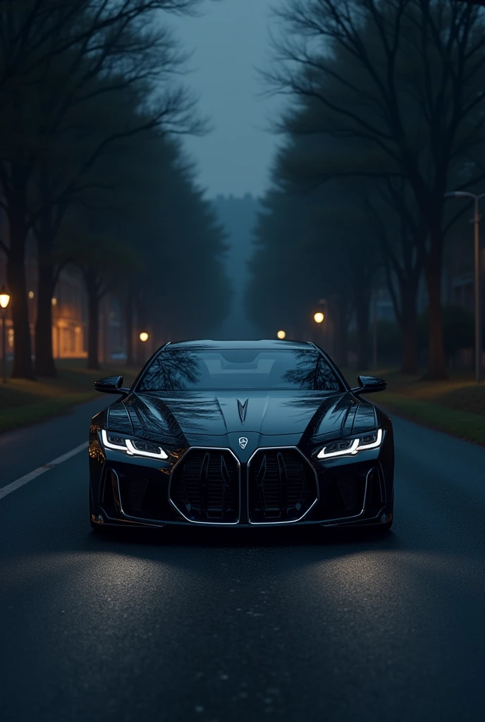 A car in black colour stand on road in dark night