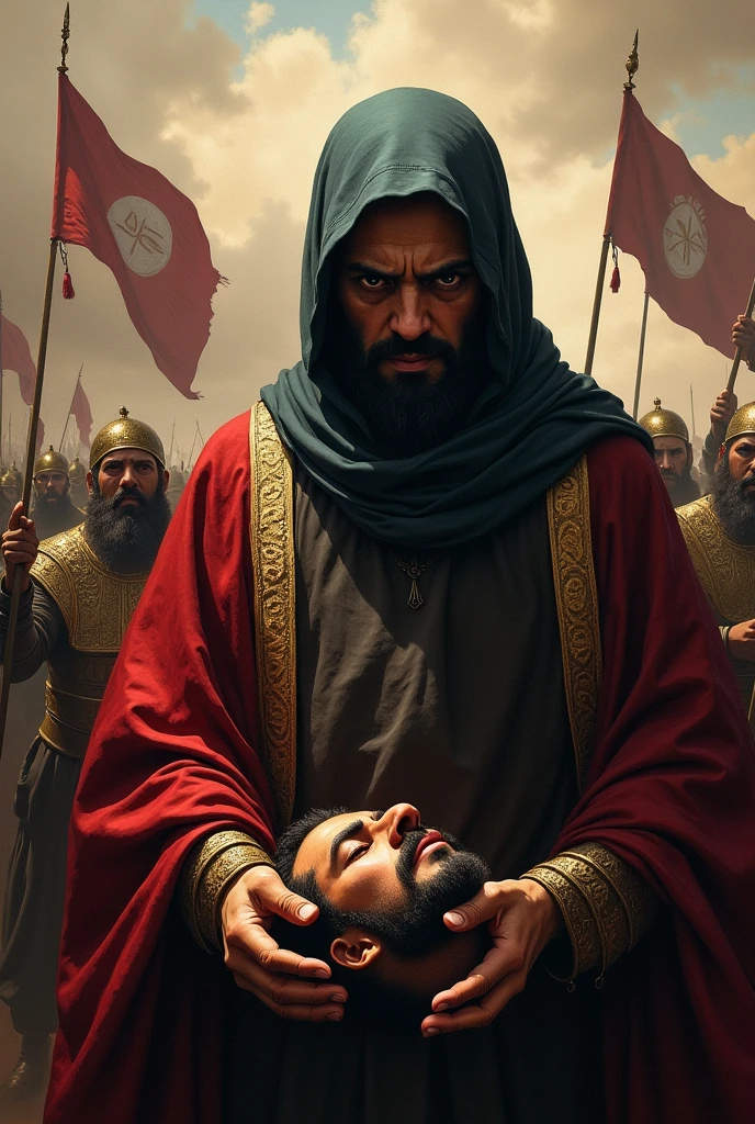 The severed head of Imam Hossein in the hands of Shamar in front of the army of infidelity