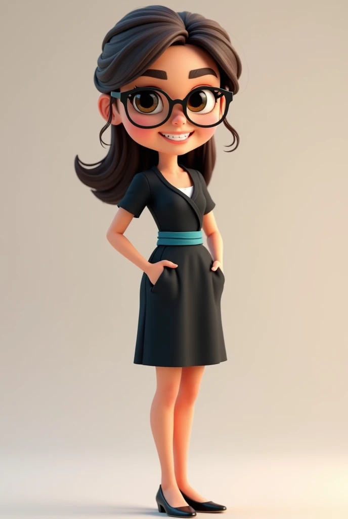 A full body 3D cartoon character. She has a friendly and charismatic appearance. The character is a young woman with fair skin, dark brown hair combed up, thick eyebrows, large brown eyes and wears glasses. She is smiling confidently. The character is dressed formally, wearing a black dress with a blue sash at the waist. She has both hands in her pocket. Your posture and relaxed posture suggest confidence and ease. The background of the image is neutral, which highlights the character even more.