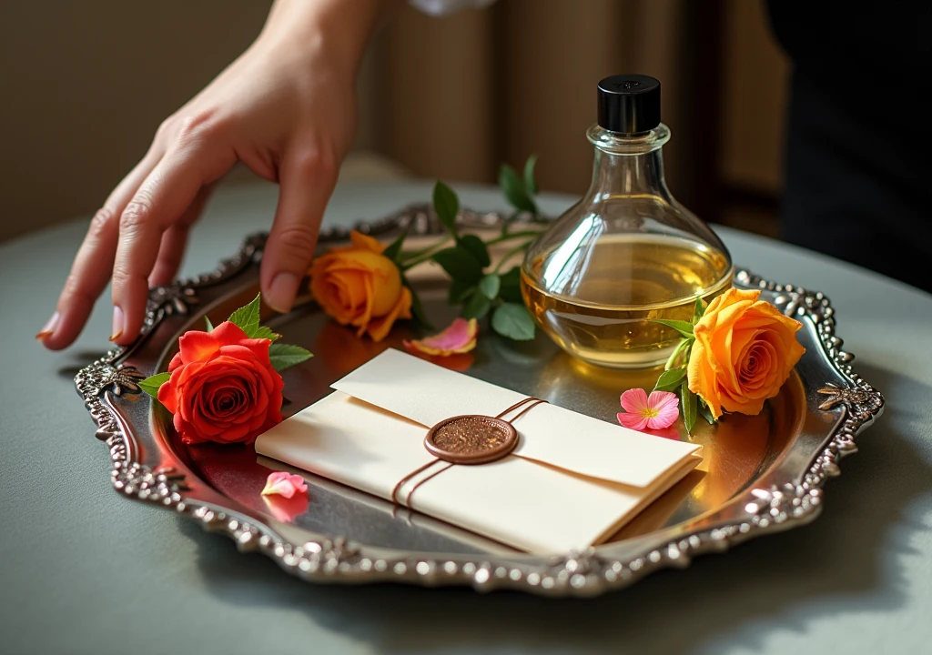 "Create a thumbnail image featuring a silver tray in the center of the image. The tray should be elegantly arranged with colorful flowers, an elegant perfume bottle, and a folded letter sealed with wax, giving a touch of sophistication and surprise. In the background, slightly blurred, include the subtle shadow of a person placing hands on the tray, symbolizing the act of transformation. The overall tone should be refined and inviting. Add a short and impactful phrase like "O que tens a oferecer?' in an elegant, readable font with contrasting colors to make it stand out."