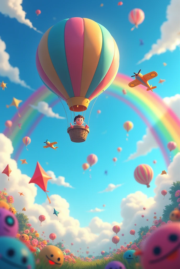 generate an image of a colorful sky with balloon, rainbow with vibrant colors, funny, happy, with toys and planes