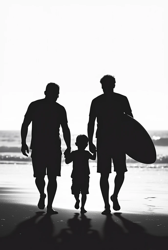 I wanted a silhouette of my  son, my husband and his deceased father walking on the beach, His father is carrying a surfboard in his hand. My husband is not very muscular and his father did not die very old., It would be for a tattoo. there are 2 adult men and 1 , is it possible to put a smaller childttle? and less muscular men?
there are 3 men and it can be black and white?
There are other options?