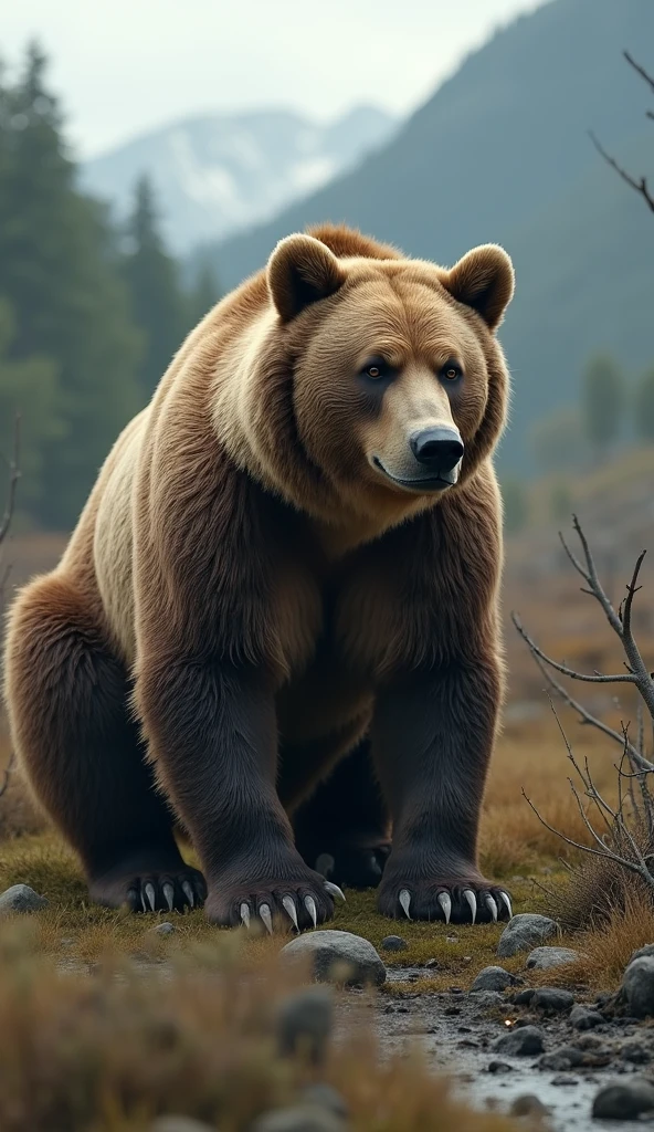 A grizzly bear, looking vulnerable, modern era, surrounded by a changing landscape due to habitat loss, with deforestation and climate change effects visible in the background, wide shot, hyper-realistic, photo realism, cinematography --ar 9:16.