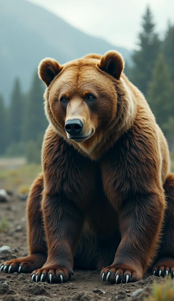 A grizzly bear, looking vulnerable, modern era, surrounded by a changing landscape due to habitat loss, with deforestation and climate change effects visible in the background, wide shot, hyper-realistic, photo realism, cinematography --ar 9:16.