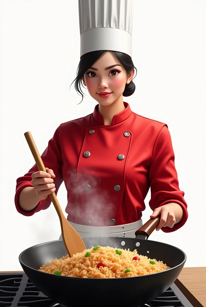 Create a realistic female chef who is stirring fried rice a big pan at the stove. and wears a red chef's shirt and chef's hat on a white background