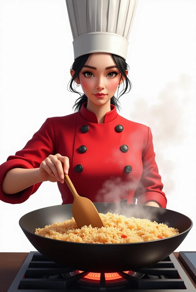 Create a realistic female chef who is stirring fried rice a big pan at the stove. and wears a red chef's shirt and chef's hat on a white background