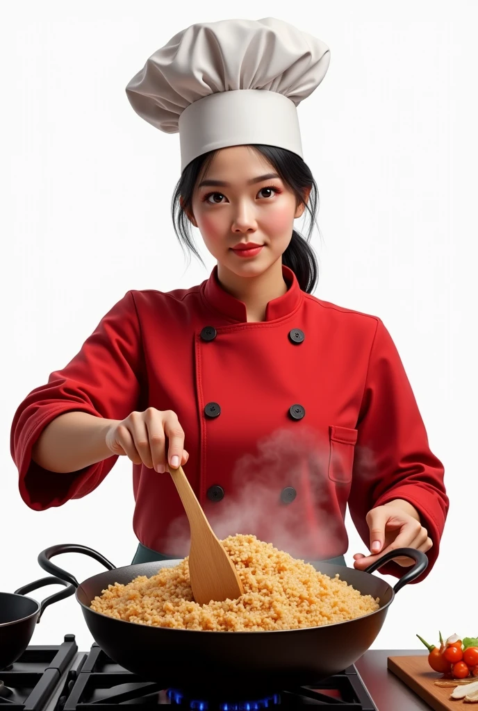 Create a realistic female chef who is stirring fried rice a big pan at the stove. and wears a red chef's shirt and chef's hat on a white background