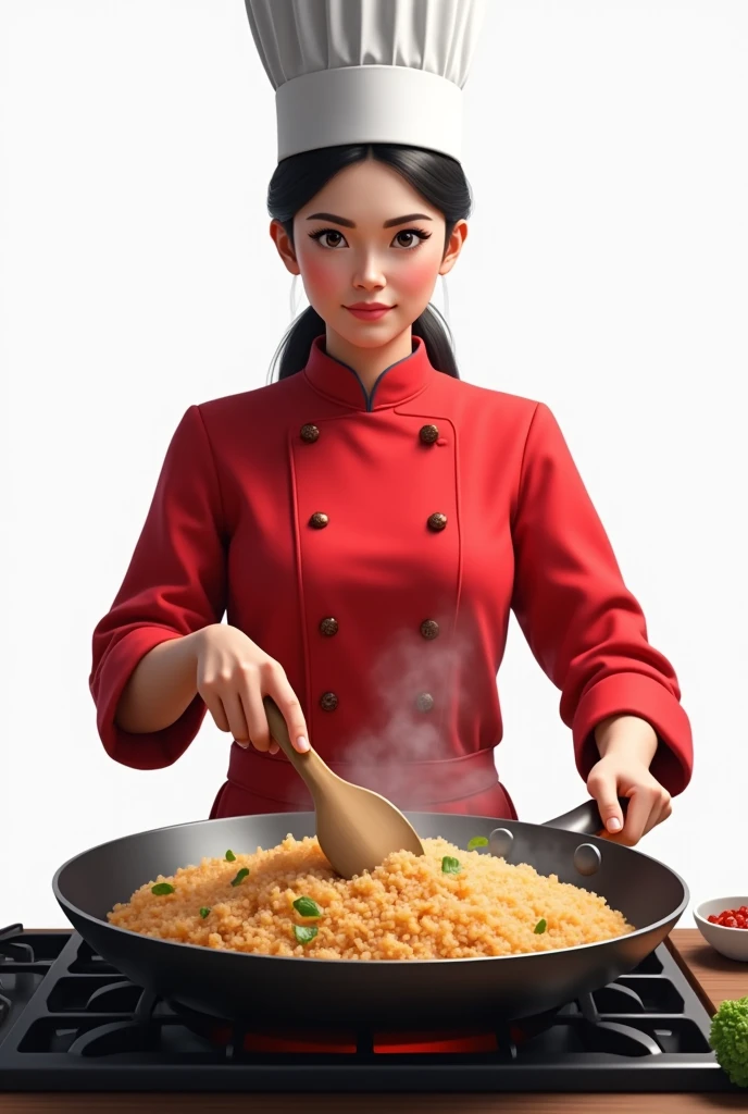 Create a realistic female chef who is stirring fried rice a big pan at the stove. and wears a red chef's shirt and chef's hat on a white background