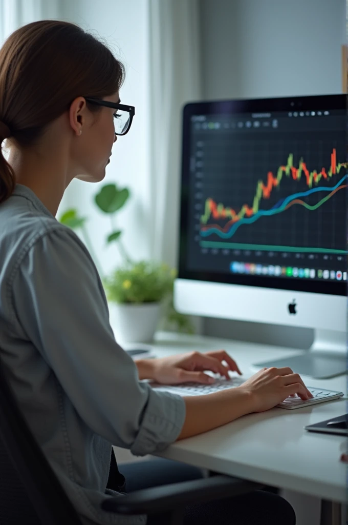 a woman working on her computer ,growth chart on computer,photo realist, focus on the hand with the computer