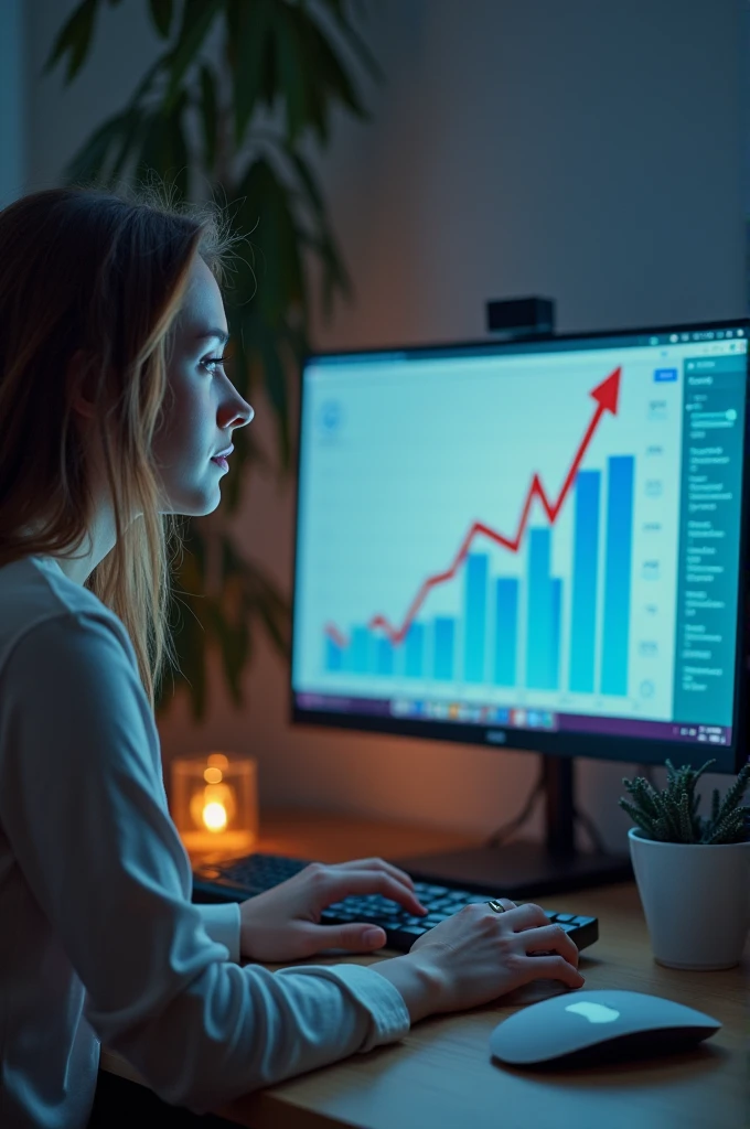 a woman working on her computer ,growth chart on computer,photo realist, focus on the hand with the computer