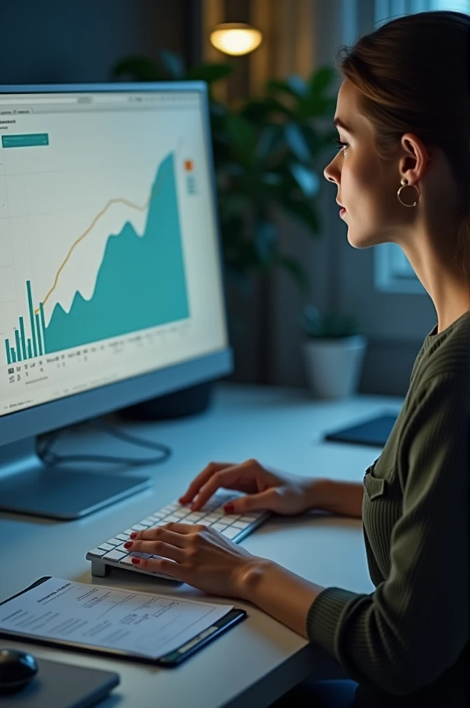 a woman working on her computer ,growth chart on computer,photo realist, focus on the hand with the computer