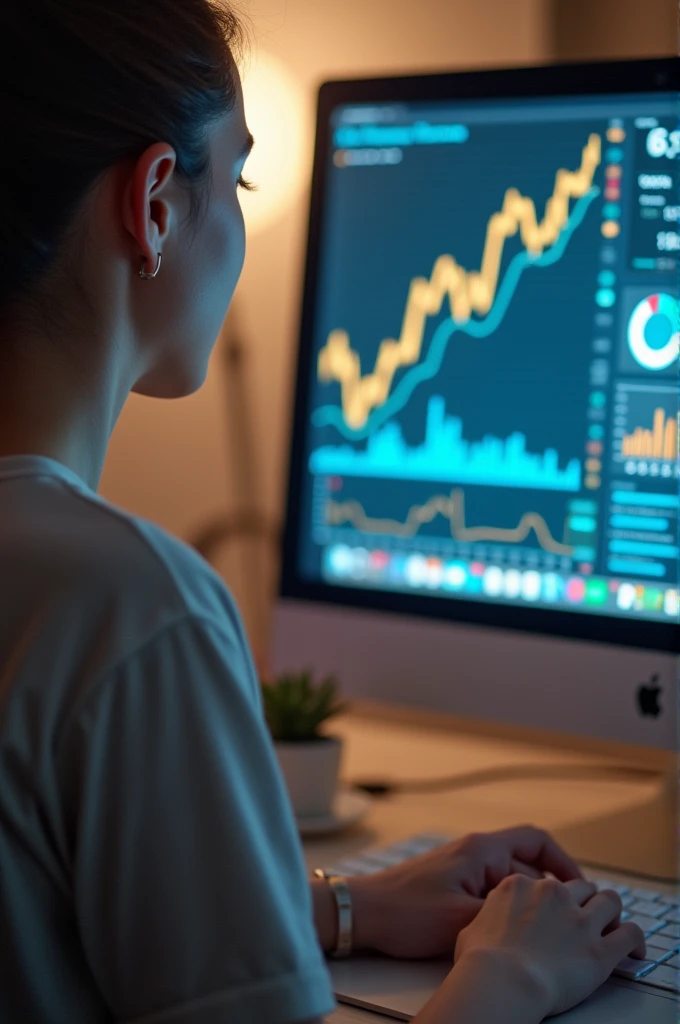 a woman working on her computer ,growth chart on computer,photo realist, focus on the hand with the computer