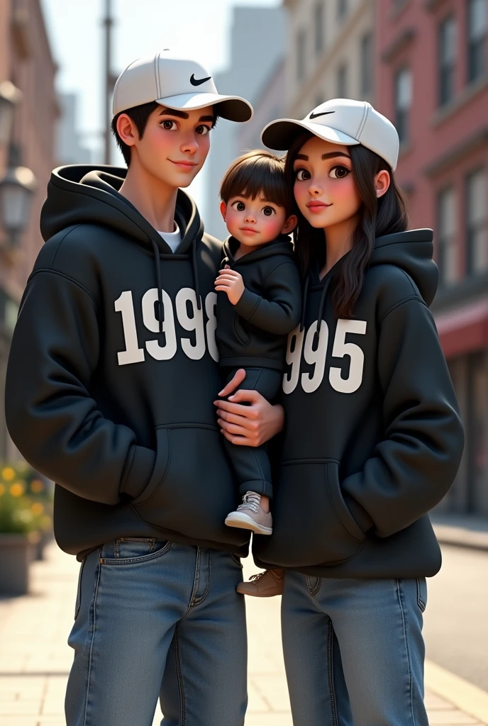 3D a man with white nike cap,wear black hoodie with number 1998 on hoodie ,wears blue jeans while standing besides a woman with white nike cap, wear black hoodie with number 1995 on hoodie ,wears blue jeans holding boy with black hoodie