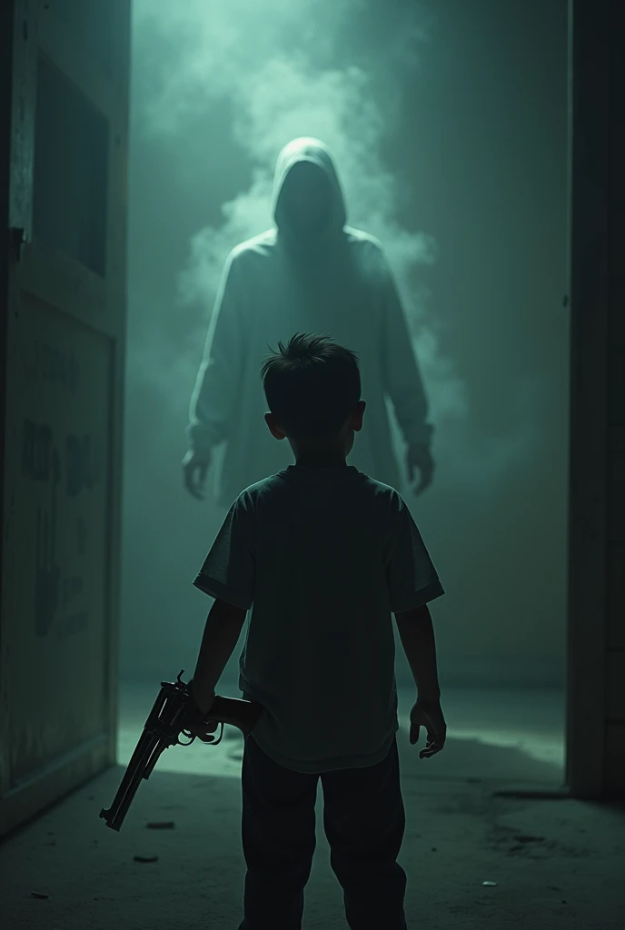 Boy pointing a revolver at the vision
