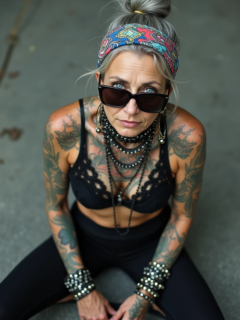 russian old milf woman,  grey hair (bouffant, top bun) and oversized square sunglasses and wide  colourful bandana as headband, with very light green eyes, extremely pale. Big lips.  Black lace push up bra, silicone breast,, black yoga pants Flip flops. Lots of thick wide studded bracelets, chain collars and big rings,. Additional crossed loose belts,. Long earrings with chains and feathers. Sitting on the underground with legs apart. Neck, chest, stomach and wrists heavily tattoed. Toned abdominals, thin neck, slim legs and thin arms. Narrow hips and long legs. Exhausted, sleeping with mouth open.. Seen from above