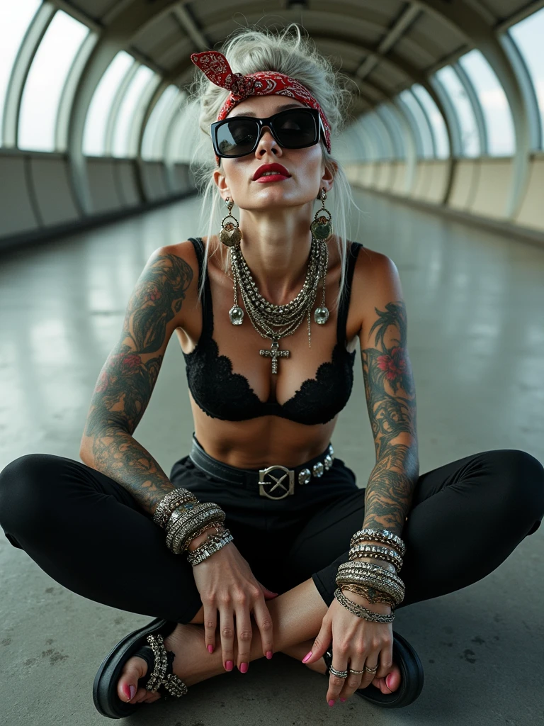 russian old milf woman,  grey hair (bouffant, top bun) and oversized square sunglasses and wide  colourful bandana as headband, with very light green eyes, extremely pale. Big lips.  Black lace push up bra, silicone breast,, black yoga pants Flip flops. Lots of thick wide studded bracelets, chain collars and big rings,. Additional crossed loose belts,. Long earrings with chains and feathers. Sitting on the underground with legs apart. Neck, chest, stomach and wrists heavily tattoed. Toned abdominals, thin neck, slim legs and thin arms. Narrow hips and long legs. Exhausted, sleeping with mouth open.. Seen from above