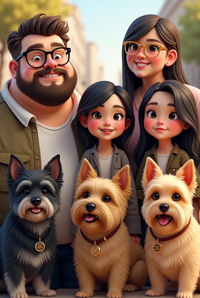 A chubby man with a beard and medium length hair and black glasses, a chubby woman with braces on her teeth , golden glasses with shoulder length hair.
A chubby girl with long hair and a mole near her mouth, another thin girl with hair below her shoulders and another small girl with Chanel hair with bangs and a hot Yorkshire dog with black and gray fur and another Yorkshire dog with yellow fur 