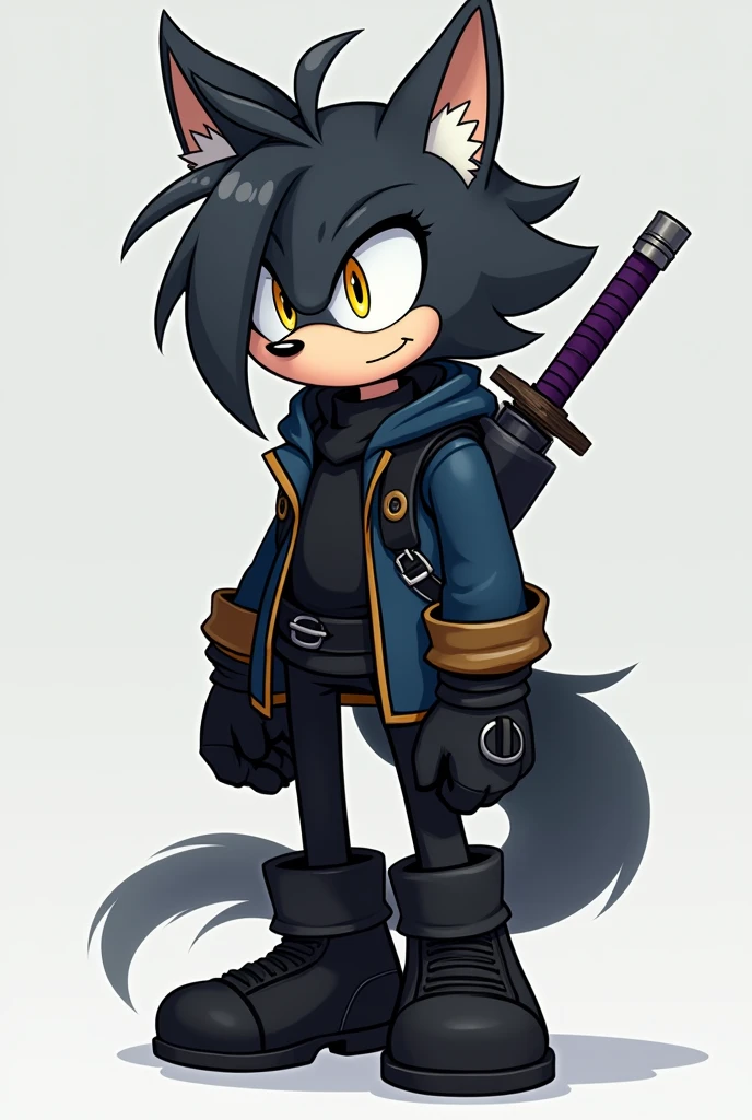 An anthropomorphic Sonic-style wolf, Short Long Black Hair, hair a little to the left of the eye and with a slightly large ponytail, with big yellow eyes, with black cold weather blouse with dark blue shirt, black pants and black men's boots, with black gloves, and with a purple Katana on his back.