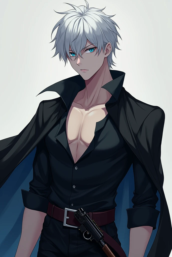 (short white hair anime handsome boy with emotionless dark blue sharp eyes, white hair toned, with katana wearing open wide collar black shirt with a pirate cape in the shoulders with black steel 18th century flintlock pistol on belt and serious cold expression