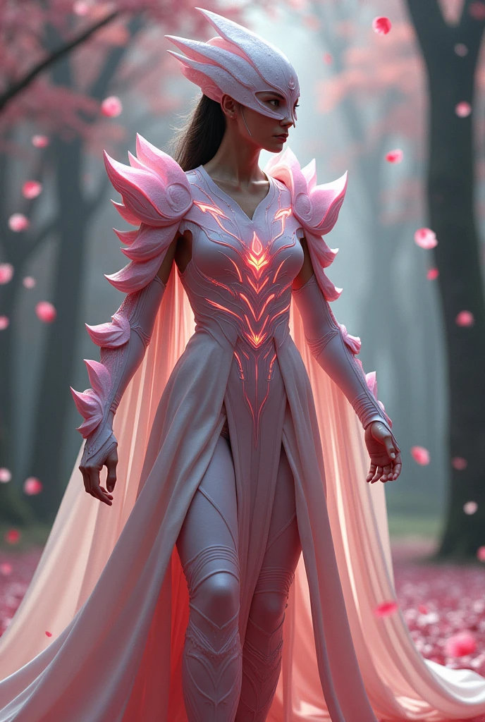 A tall and elegant warrior woman from the Sakurianas species performs a dynamic training exercise in 2000 B.C. Her armor is a marvel of advanced design for the era, made from a petal-like material that is 100 times stronger than diamond, yet appears delicate and organic. The armor features a shimmering pink and white color scheme, mirroring the natural hues of Sakura petals, with intricate floral patterns resembling blooming Sakura flowers.In the midst of a mystical forest, where Sakura petals gently fall around her, she showcases her agility and strength. The chest plate and shoulder guards, adorned with Sakura motifs, flex and adjust seamlessly with her movements. The sleek helmet, with a visor shaped like overlapping petals, offers clear vision and protection without obstructing her view.As she performs the exercise, glowing veins of energy within the armor pulse in rhythm with her actions, highlighting its regenerative capabilities and the powerful energy flowing through it. The routine involves fluid, precise movements, with holographic targets appearing and disappearing around her, simulating challenges and enhancing her skills.The exercise combines traditional combat techniques with the advanced technology of her era, demonstrating the warrior’s mastery of both her environment and her petal-inspired armor.