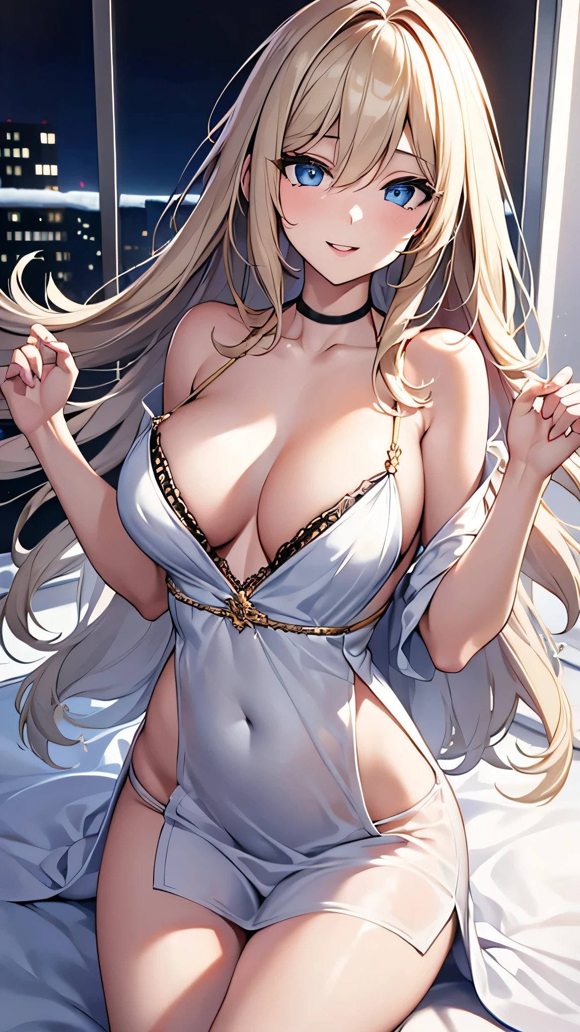 4K resolution,((Highest quality)),Ultra-high resolution,young woman, alone, sexy, (A seductive smile), (Light blue eyes), Beautiful and symmetrical face, (Golden messy shoulder length medium length hair),A white, transparent thigh-length camisole,Loose gown,Realistic:1.4,Realistic:1.4,(masterpiece:1.2),Perfect Eyes,Perfect Eyes,Perfect Legs,Bedroom at night,（Open your mouth:1.2）,Ample breasts,Curvy Body