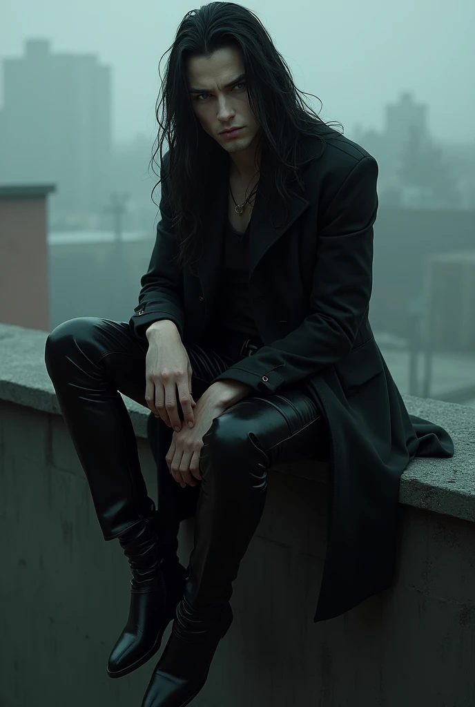 青緑色の目と長い黒髪を持つセクシーなmale性, Beautiful and delicate facial features, He is wearing a black trench coat and shiny black leather jeans.. His skin is pale and white, and、I&#39;m sitting on the edge of the rooftop smoking a cigarette. He looks unhappy. (male) (Black and purple) (Be realistic) ((No beard)) ((No body hair)) ((dark atmosphere)) (Smoky atmosphere)) ((masterpiece)) (dark) ((detailed)) ((Looking down at the camera)) 