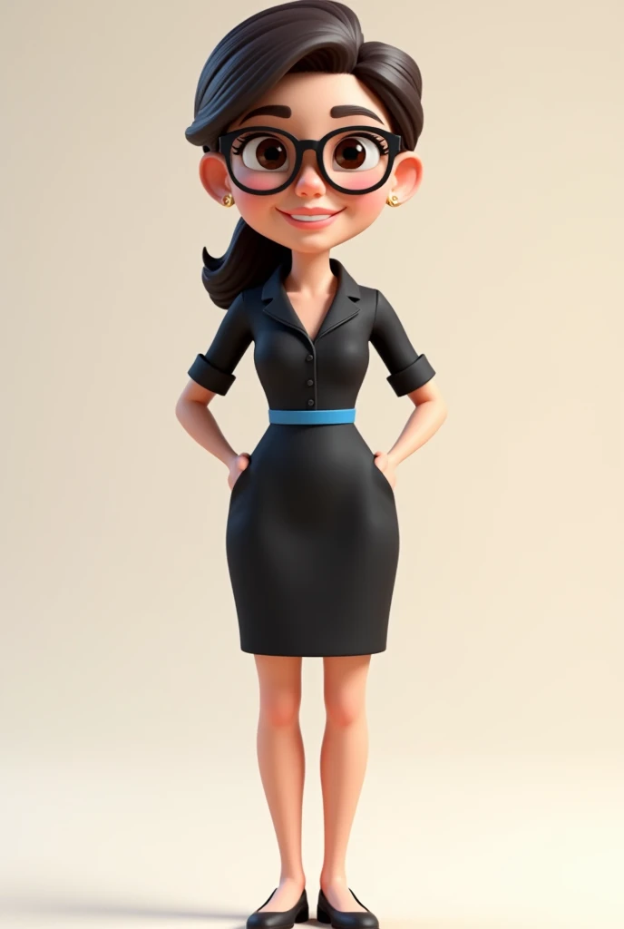 A full body 3D cartoon character. She has a friendly and charismatic appearance. The character is a young woman with fair skin, dark brown hair combed up, thick eyebrows, large brown eyes and wears glasses. She is smiling confidently. The character is dressed formally, wearing a black dress with a blue sash at the waist. She has both hands in her pocket. Your posture and relaxed posture suggest confidence and ease. The background of the image is neutral, which highlights the character even more.