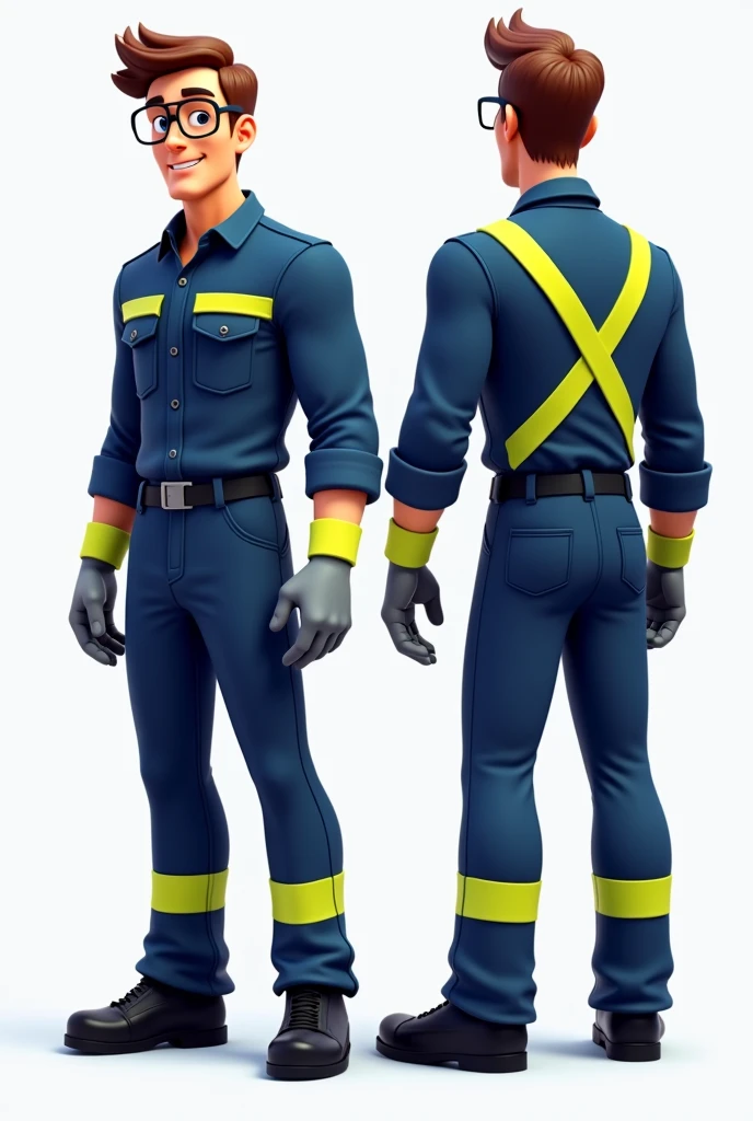 Man from front and back wearing dark blue work clothes with a single horizontal yellow reflective stripe on the front and back of the shirt and a yellow reflective stripe on the pants, that you have safety elements such as glasses, grey gloves and black shoes.
that the drawing is animated