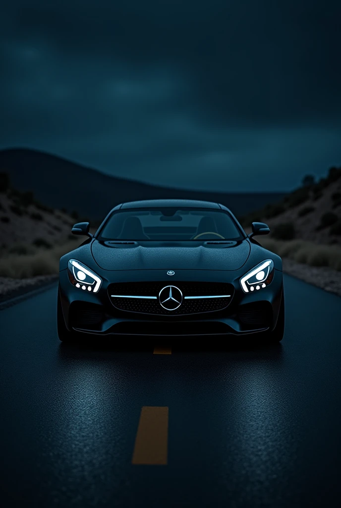 A car Mercedes Benz  in black colour stand on road in dark night 
