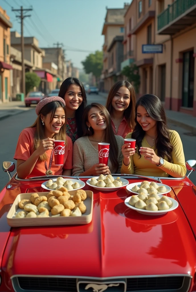 Will please create a photo of beautiful group of ladies sitting in Mustang and eating tapari momo with coke