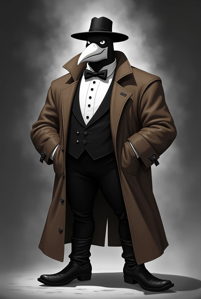1950s cartoon man in tuxedo, a brown trench coat that reaches to the knees with black details, rustic boots, a cloth fedora hat and a plague doctor raven mask the mask white and look intimidating, that he's a little muscular but not overly so From a black and white 1950s cartoon from the game Bendy And The Ink Machine 