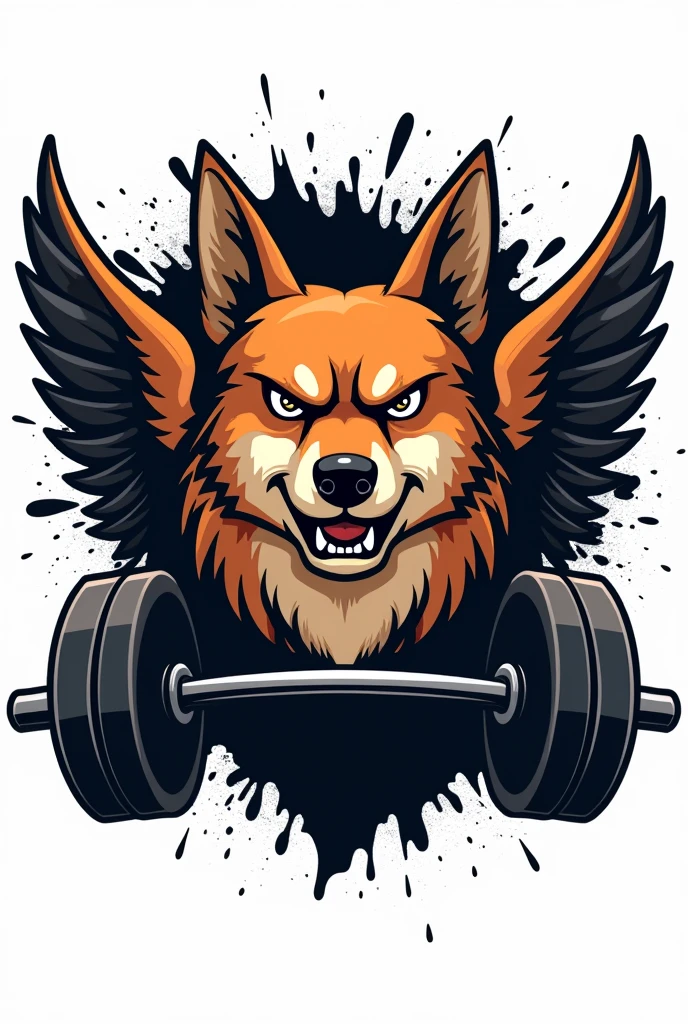 coat of arms of a gym whose mascot is a caramel-colored mongrel dog with pricked ears and a very angry face, On the coat of arms of gym weights, the dog only has its face right in the middle, with not so big wings coming out from behind him aligned with his eyes and two weights at the bottom of the coat of arms. written at the top of the coat of arms "RKF" with black splash behind the coat of arms, with white background behind the splash