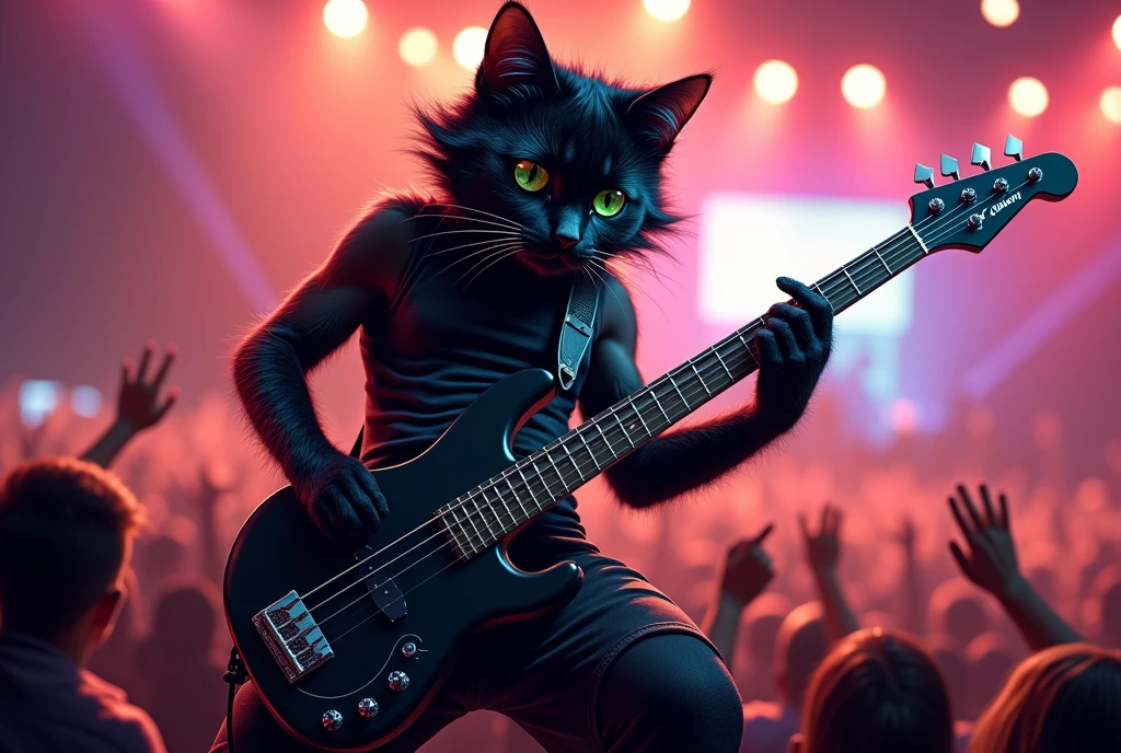 night, black cat, kitty, black hair, bassist cat, playing bass, bass guitar,wearing long shorts, sleeveless shirt, in rock concert, rock festival, from above