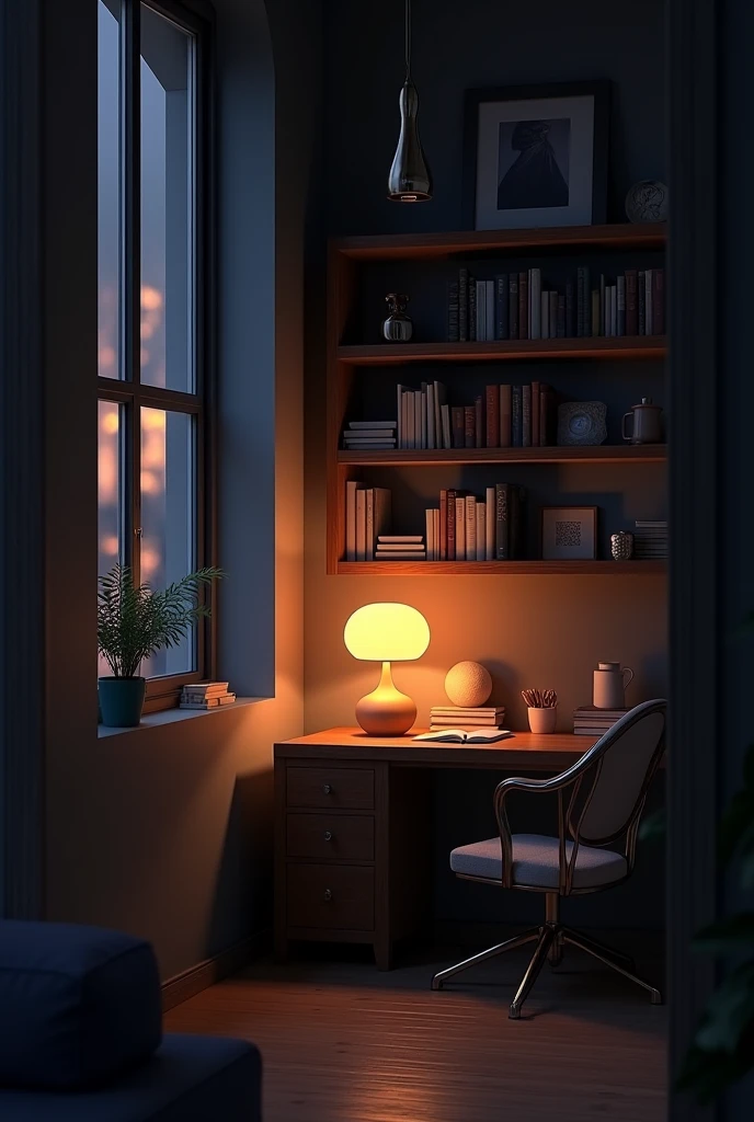 Night bookshelf with table on modern lamp
turned on