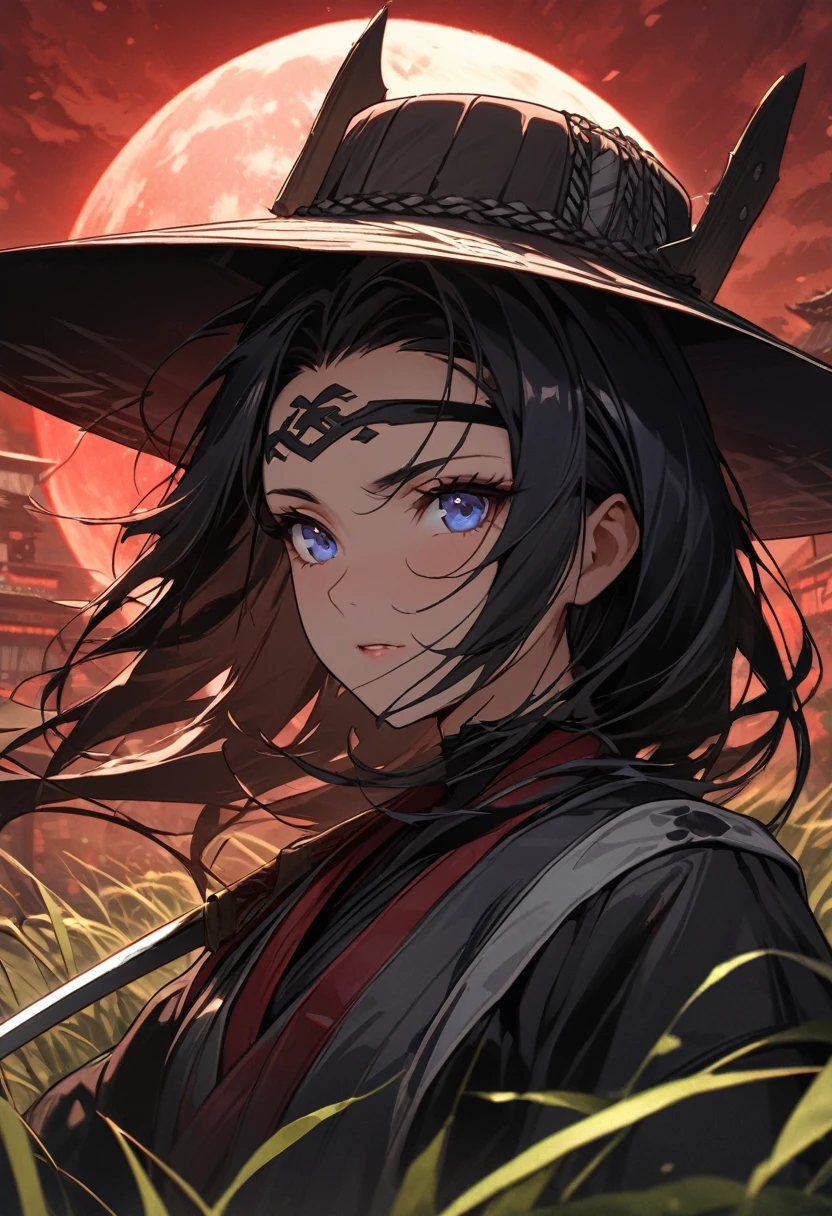 Ninja girl anime from feudal Japan, Super beautiful, (((forehead bandaged))), (((wearing a feudal hat))), ((Masterpiece:1.2)), ((Highest quality)), (((Upper body covered))),close up, Holding a katana sword in front of the red moon, urban samurai, Anthem game inspiration, epic picture, Era, Inspired by ESAO, Amazing screensaver, blade of grass, Soft shade, Ian Callum •, love of wisdom, clean graphic design, exit: Jansen River, Great character