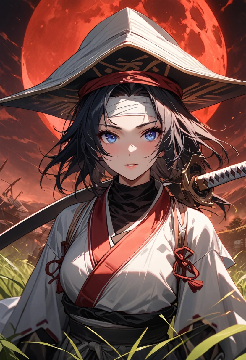 Ninja girl anime from feudal Japan, Super beautiful, (((forehead bandaged))), (((wearing a feudal hat))), ((Masterpiece:1.2)), ((Highest quality)), (((Upper body covered))),close up, Holding a katana sword in front of the red moon, urban samurai, Anthem game inspiration, epic picture, Era, Inspired by ESAO, Amazing screensaver, blade of grass, Soft shade, Ian Callum •, love of wisdom, clean graphic design, exit: Jansen River, Great character