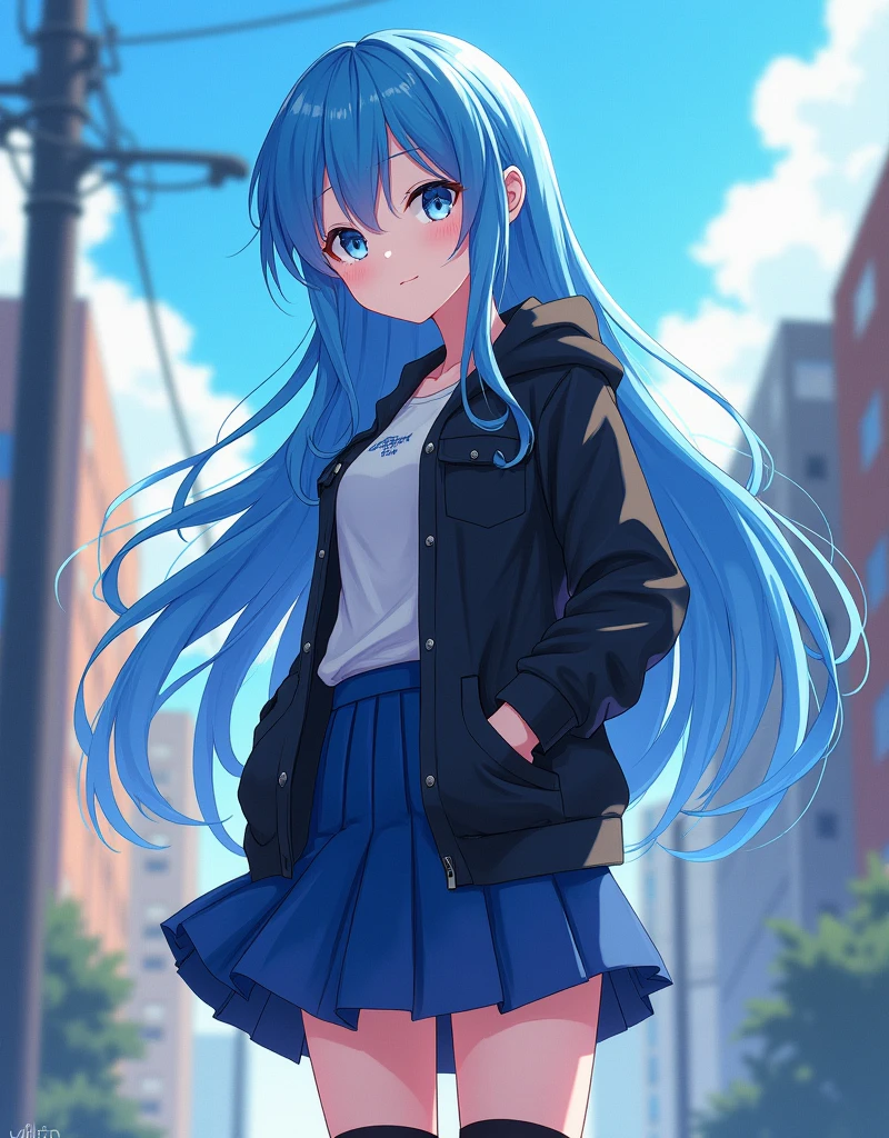 anime girl with blue hair and black jacket posing for a picture, anime girl with teal hair, anime moe artstyle, rimuru, girl with blue hair, cyberpunk anime girl in hoodie, with blue hair, anime style 4 k, trending on artstation pixiv, beautiful blue haired girl, anime art wallpaper 8 k, official character art, sona is a slender,Official Art, Unity 8K Wallpaper, Extreme Detailed, Beautiful and Aesthetic, (cowboy shot), Masterpiece, Top Quality, perfect anatomy, watercolor painting, concept art, (best illustration), (best shadow), Analog Color Theme, vivid colours, contrast, smooth, sharp focus, scenery, 1girl, solo, long hair, looking at viewer, bangs, blue eyes, skirt, shirt, long sleeves, closed mouth, blue hair, standing, pleated skirt, black hoodie, plain hoodie, outdoors, sky, day, socks, loose hoodie, blue bow tie, black skirt, scarf, black kneehighs, dutch angle, floating hair, feet out of frame, black socks, building, hands in pockets, railing, confidently leaning a little back, light smile, light smirk