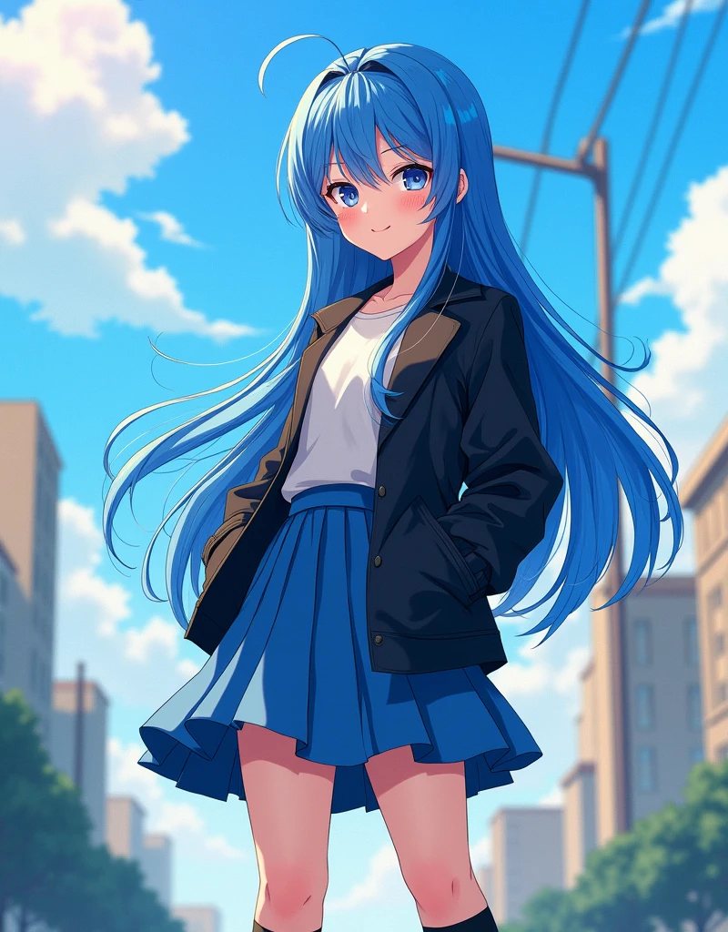 anime girl with blue hair and black jacket posing for a picture, anime girl with teal hair, anime moe artstyle, rimuru, girl with blue hair, cyberpunk anime girl in hoodie, with blue hair, anime style 4 k, trending on artstation pixiv, beautiful blue haired girl, anime art wallpaper 8 k, official character art, sona is a slender,Official Art, Unity 8K Wallpaper, Extreme Detailed, Beautiful and Aesthetic, (cowboy shot), Masterpiece, Top Quality, perfect anatomy, watercolor painting, concept art, (best illustration), (best shadow), Analog Color Theme, vivid colours, contrast, smooth, sharp focus, scenery, 1girl, solo, long hair, looking at viewer, bangs, blue eyes, skirt, shirt, long sleeves, closed mouth, blue hair, standing, pleated skirt, black hoodie, plain hoodie, outdoors, sky, day, socks, loose hoodie, blue bow tie, black skirt, scarf, black kneehighs, dutch angle, floating hair, feet out of frame, black socks, building, hands in pockets, railing, confidently leaning a little back, light smile, light smirk