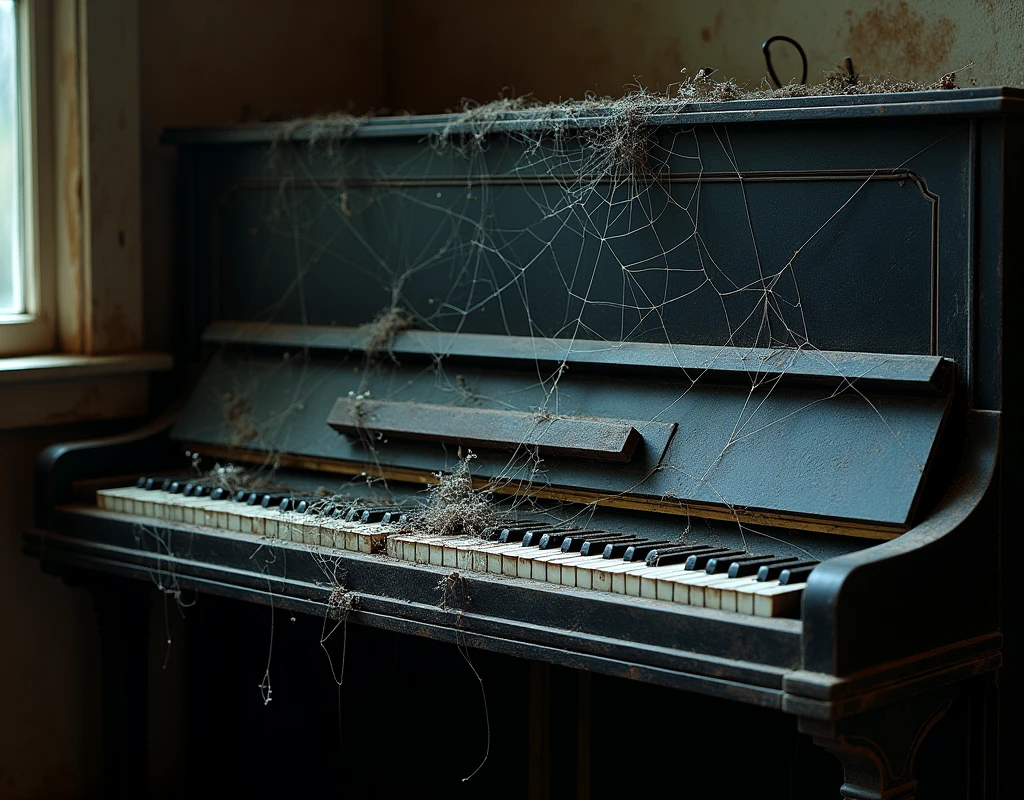 We need an image of a piano that has been stored for several days and has spider burns all over it.