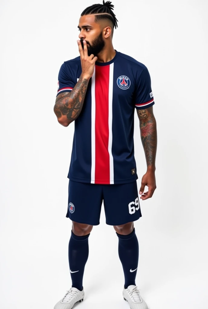 Young 2 sexy Rude gangster with black hair shaved on the sides with braids brown eyes thick lips athletic body masculine energy and sexy defined chin white trimmed beard colored tattoo marked biceps wears black colored man Muslim style, He wears the navy blue PSG uniform with a central red and white stripe., Navy blue shorts with the number 69 and white cleats. The background is white and he is standing proudly kissing the team's jersey. 8k